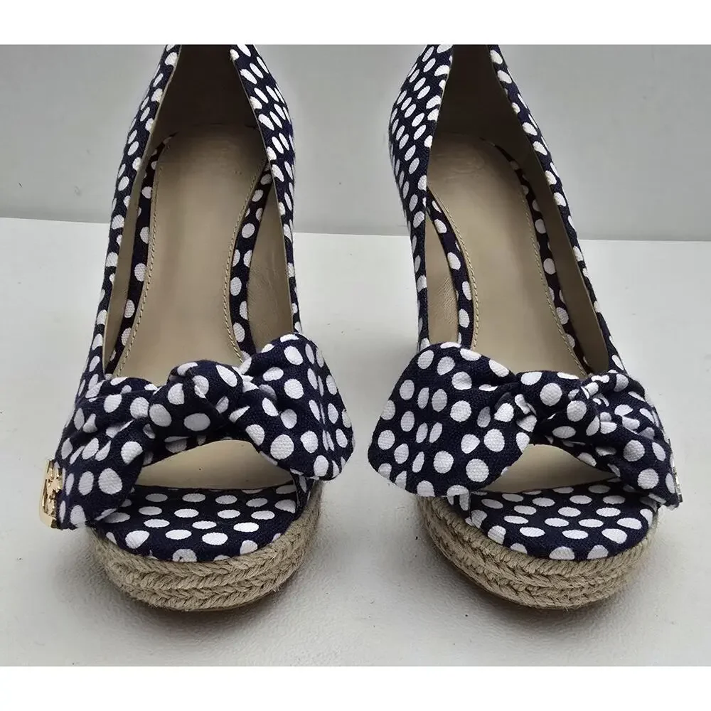 Tory Burch Dory Navy/White Polka Dot Wedge Espadrille Women's Bow Peep Toe Sz 9 - Picture 3 of 10
